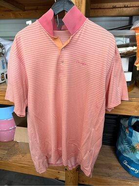 Peter Millar Pink and Peach Striped Polo